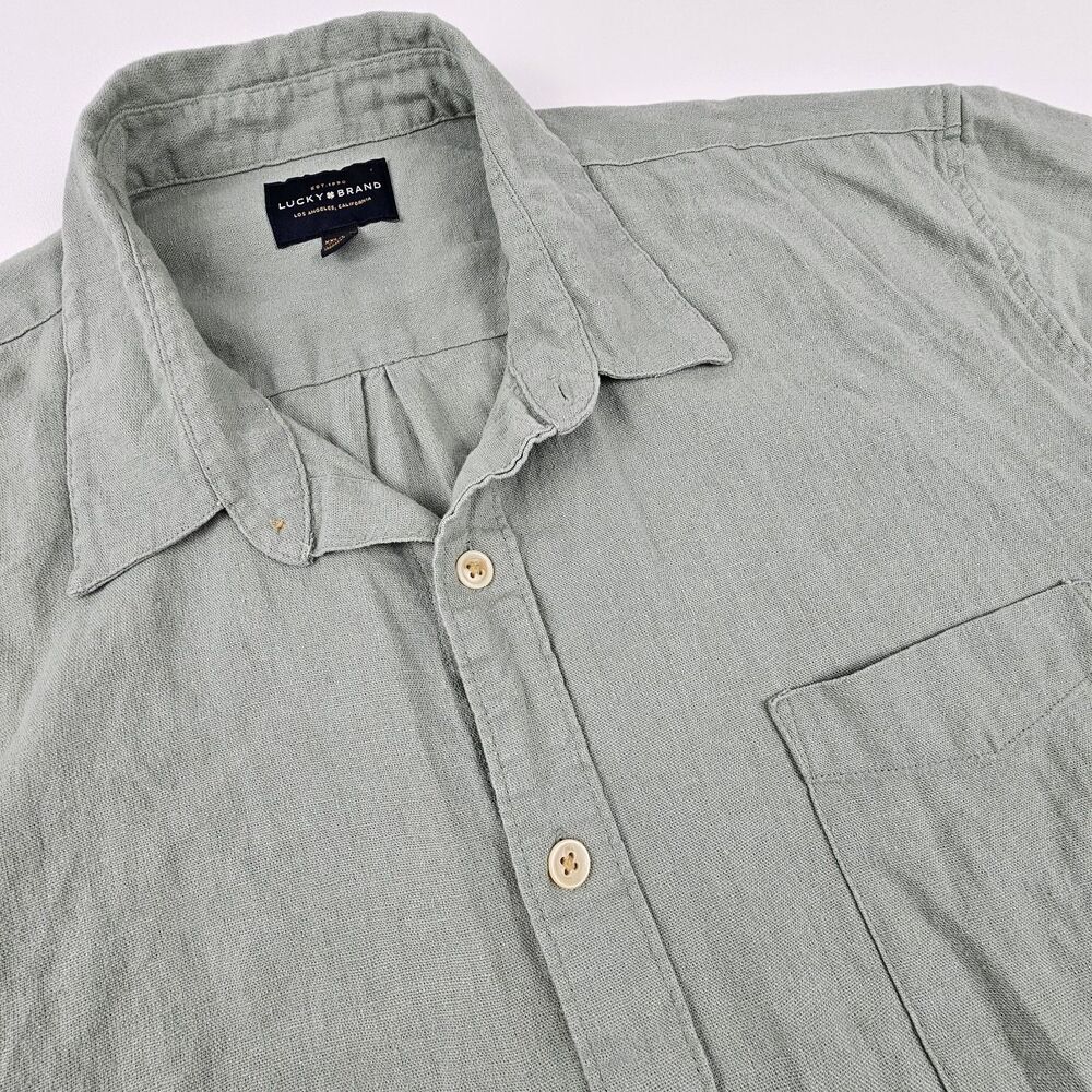 Lucky Brand Men's XXL Linen Blend Button Up Shirt Sage Green Short Sleeve